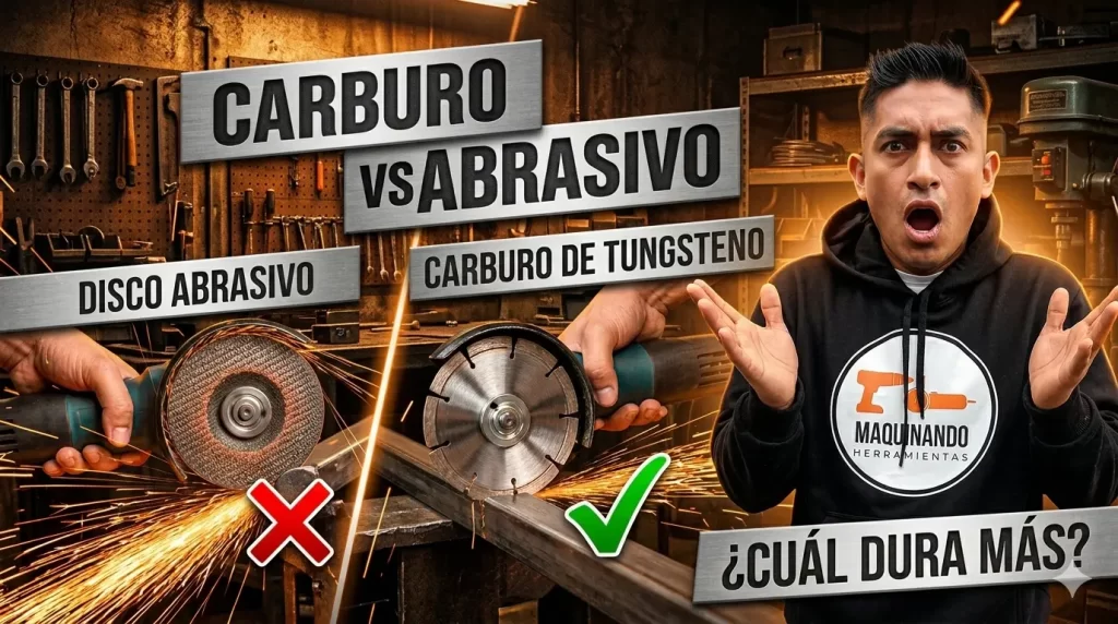 Comparativa entre un disco de corte abrasivo tradicional desgastado y un disco de diamante para metal sobre un perfil de acero.