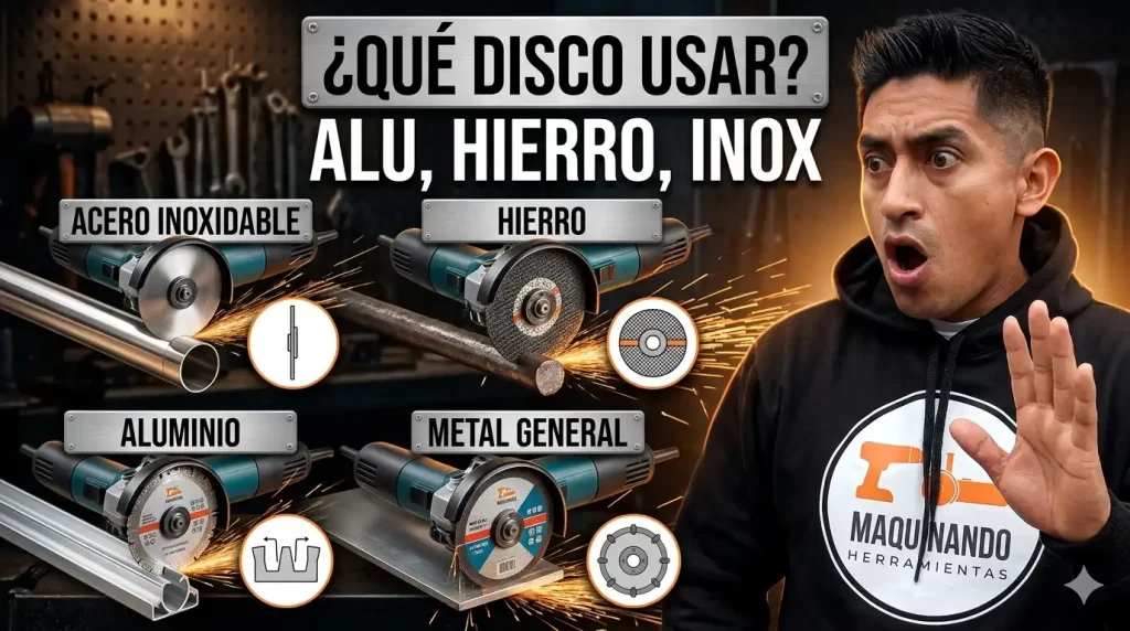 Diferentes tipos de discos de corte para amoladora: Inox, Metal, y Aluminio sobre mesa de taller.
