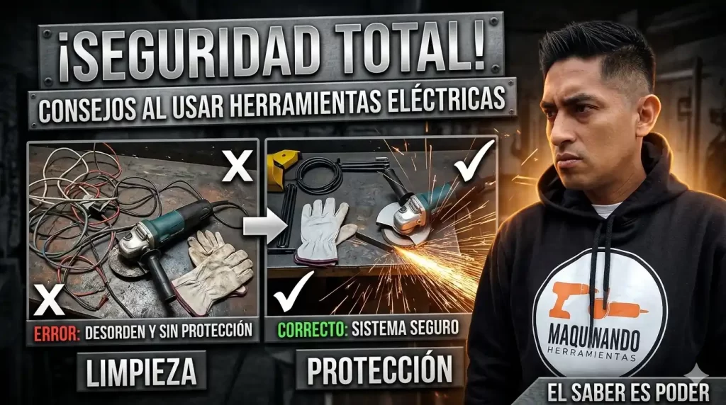 Un operario equipado con todo el EPP (lentes, careta, guantes, protección auditiva) operando una amoladora angular de forma segura.