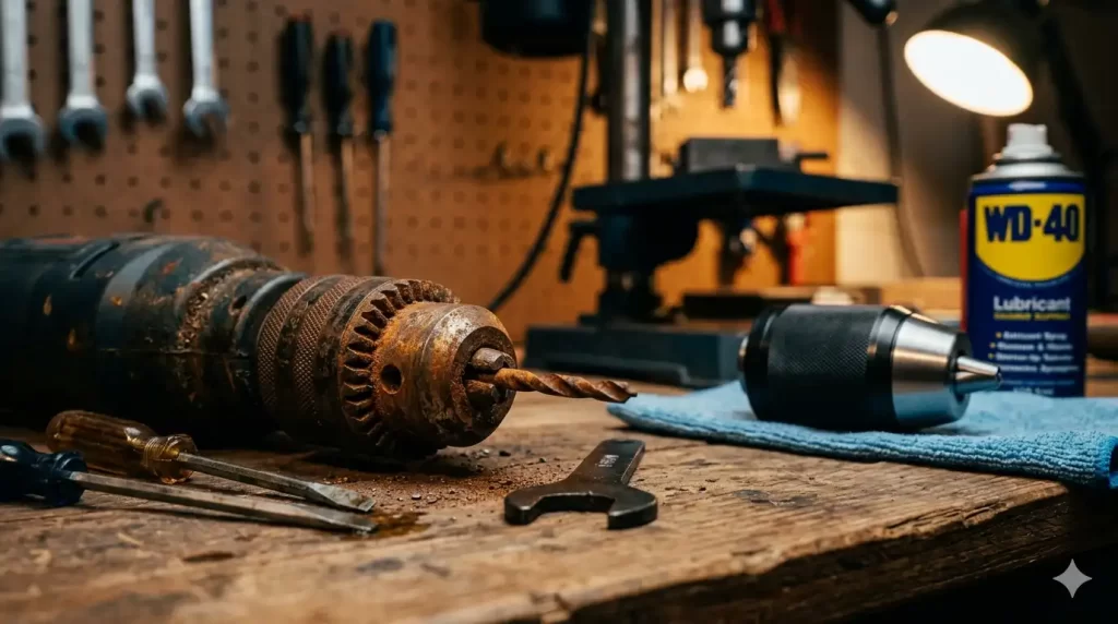 Primer plano de una mano usando una llave Allen para quitar el mandril de un taladro sobre un banco de taller.