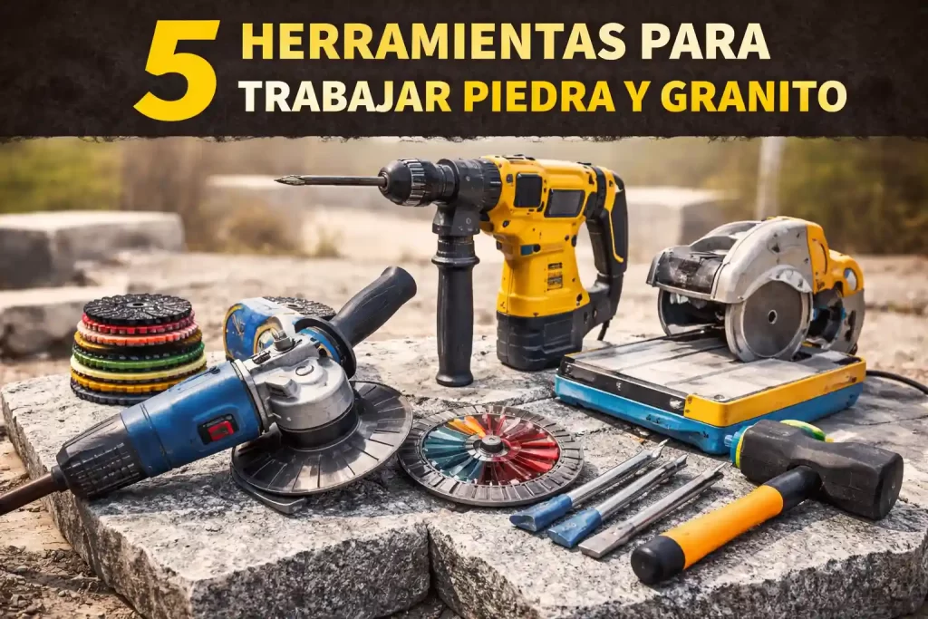 Un set de 5 herramientas esenciales para marmoleros: amoladora de agua, pads de pulido, discos trenzados, coronas diamantadas y ventosas de succión sobre una mesa de trabajo.