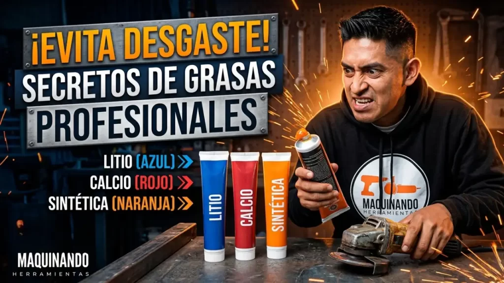 Diferentes tipos de grasa industrial de colores rojo, azul y negro sobre engranajes metálicos de herramientas eléctricas.